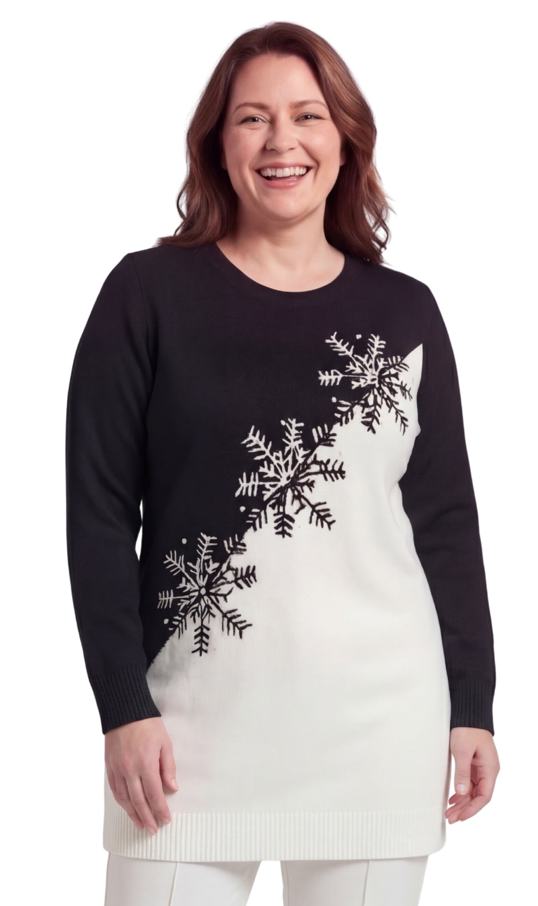 Women's Cozy Long Sleeves Snowflake-Decorated Color Block Holiday Crewneck Sweater - Classy Christmas Pullover in 100% Soft Durable Acrylic