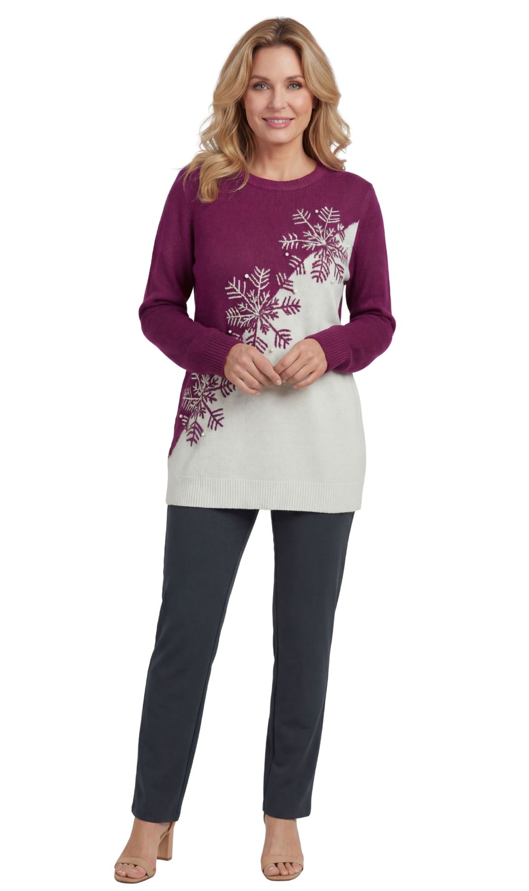 Women's Cozy Long Sleeves Snowflake-Decorated Color Block Holiday Crewneck Sweater - Classy Christmas Pullover in 100% Soft Durable Acrylic