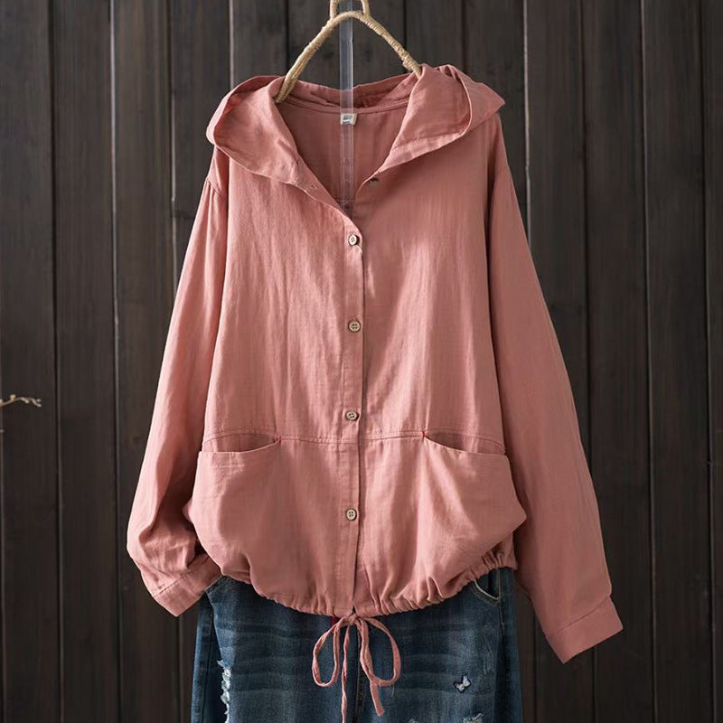 Women's Loose-Fit Hooded Button-Down Top with Drawstring Hem