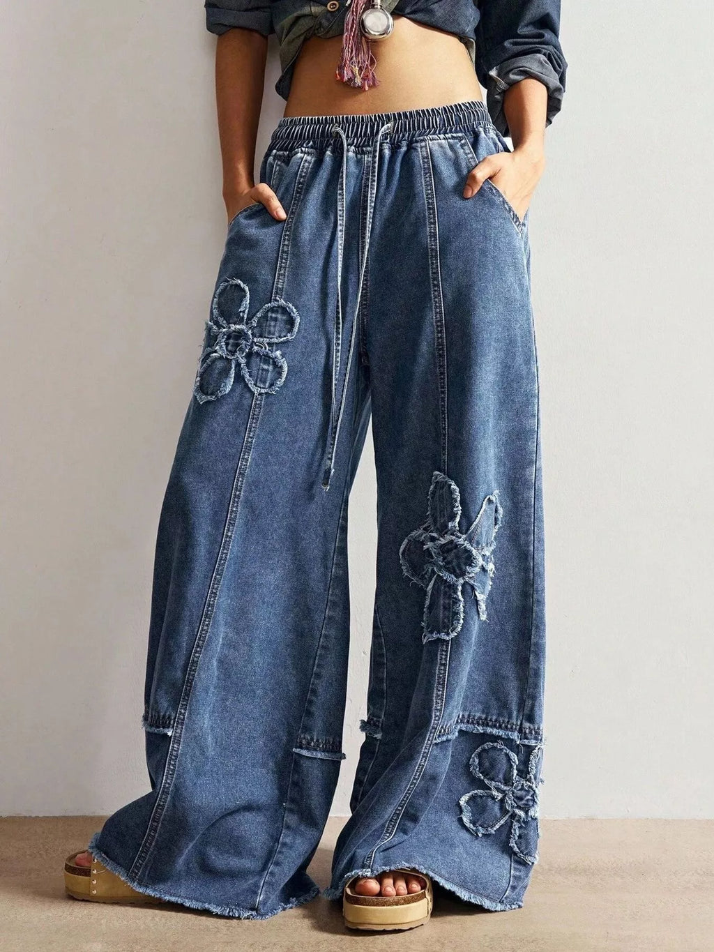 Floral Appliques Wide Leg Jeans