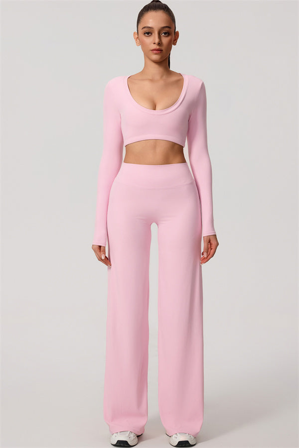 The Nestle Long Sleeve Crop Top Straight Leg Pants 2-Piece Set