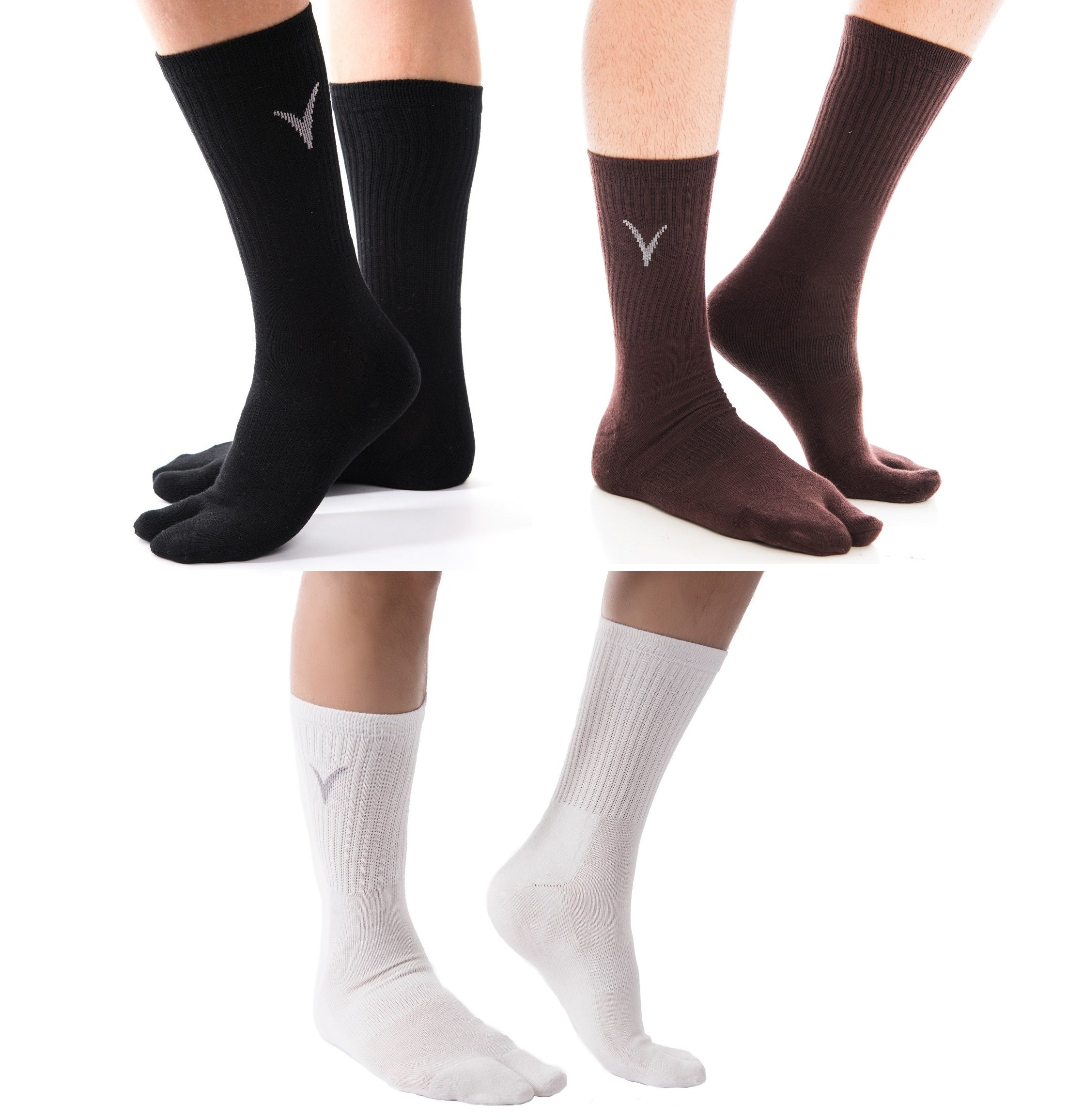 3 Pairs Athletic -  V-Toe Flip Flop Tabi Big Toe Crew Sports Or Casual Black Solid Socks