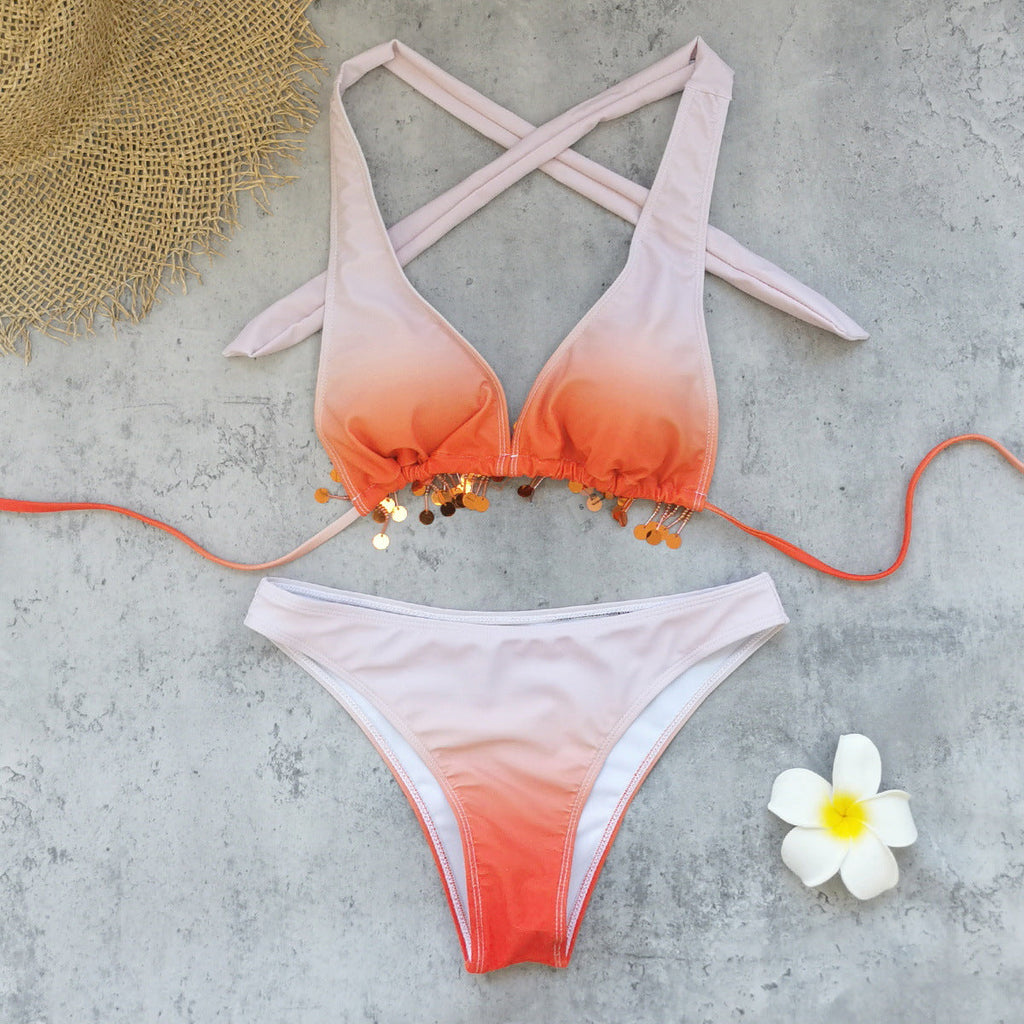 Gradient Strap Backless Sexy Bikini Sheath Skirt Set Split Swimsuit Women Bikini