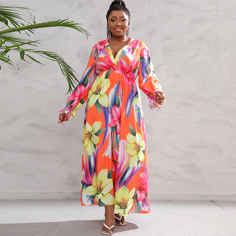 Plus Size Women Clothing Dress Long Sleeve Large Swing Dress