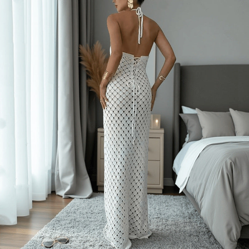 Solid Color Design Hollow Out Cutout out Knitted Dress Sleeveless Backless Lace up Beach Vacation Long Sheath Dress for Women