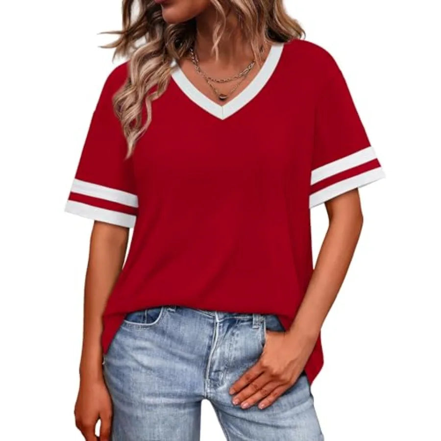 Womens T Shirts Loose Fit Short Sleeve Tees V Neck Color Block Summer Tops 26 Fashion S4XL