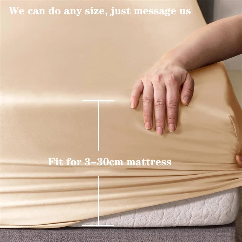 3pcs Set 100% Mulberry Silk Bed Sheet Set with 1pc Fitted Sheet and 2pcs Pillowcase Mattress Cover for Double King Queen Size