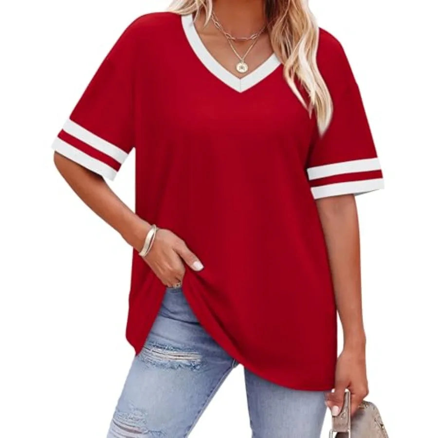 Womens T Shirts Loose Fit Short Sleeve Tees V Neck Color Block Summer Tops 26 Fashion S4XL