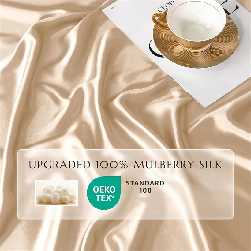 3pcs Set 100% Mulberry Silk Bed Sheet Set with 1pc Fitted Sheet and 2pcs Pillowcase Mattress Cover for Double King Queen Size