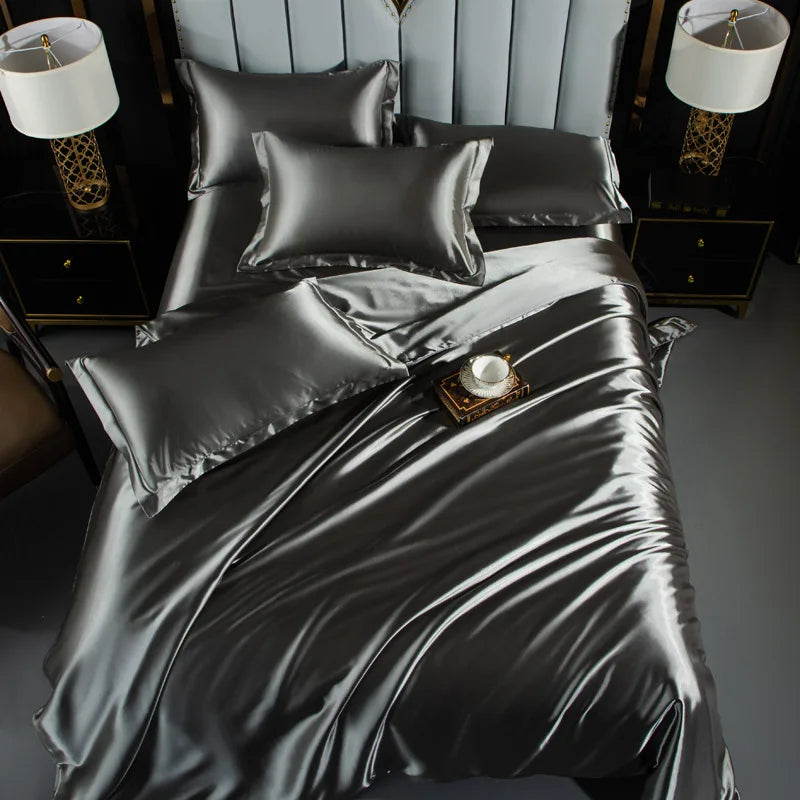 A/B Double-Sided Color Bedding Set Silky Satin Duvet Cover Bed Sheet Pillowcase Luxury Bedsheet King Queen Double Twin Size