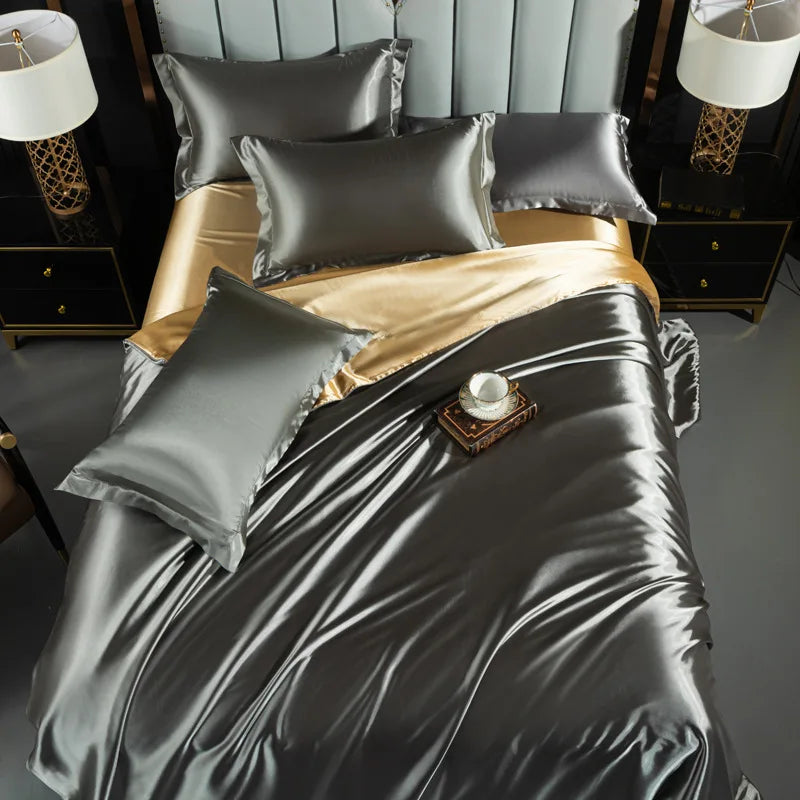 A/B Double-Sided Color Bedding Set Silky Satin Duvet Cover Bed Sheet Pillowcase Luxury Bedsheet King Queen Double Twin Size