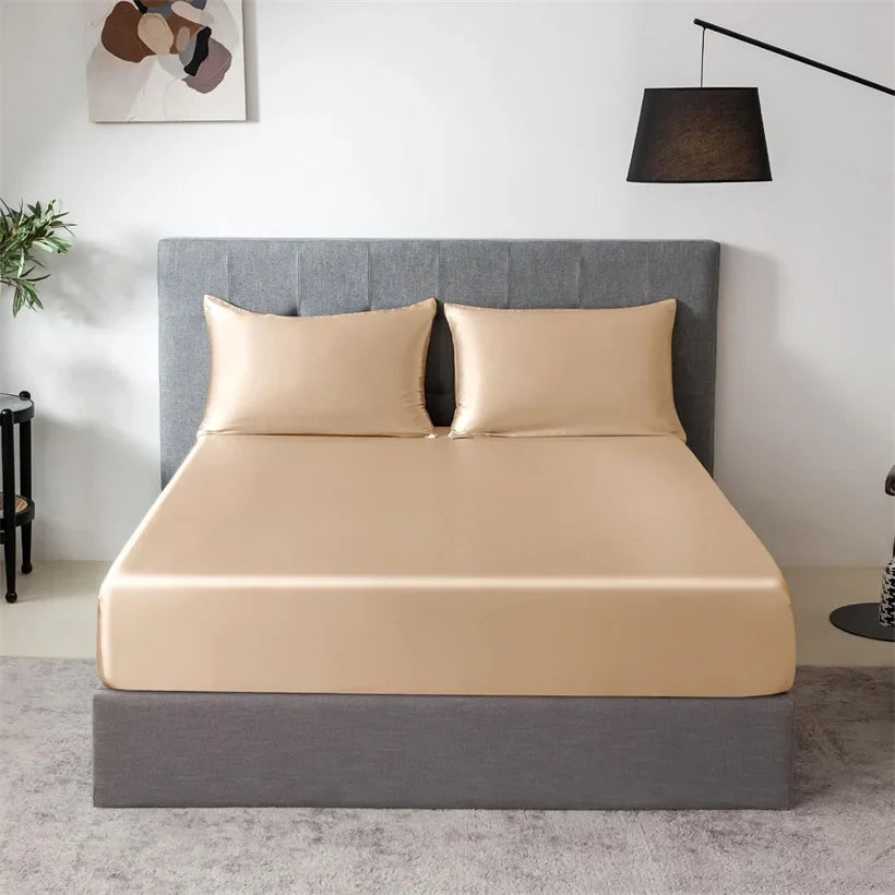 3pcs Set 100% Mulberry Silk Bed Sheet Set with 1pc Fitted Sheet and 2pcs Pillowcase Mattress Cover for Double King Queen Size