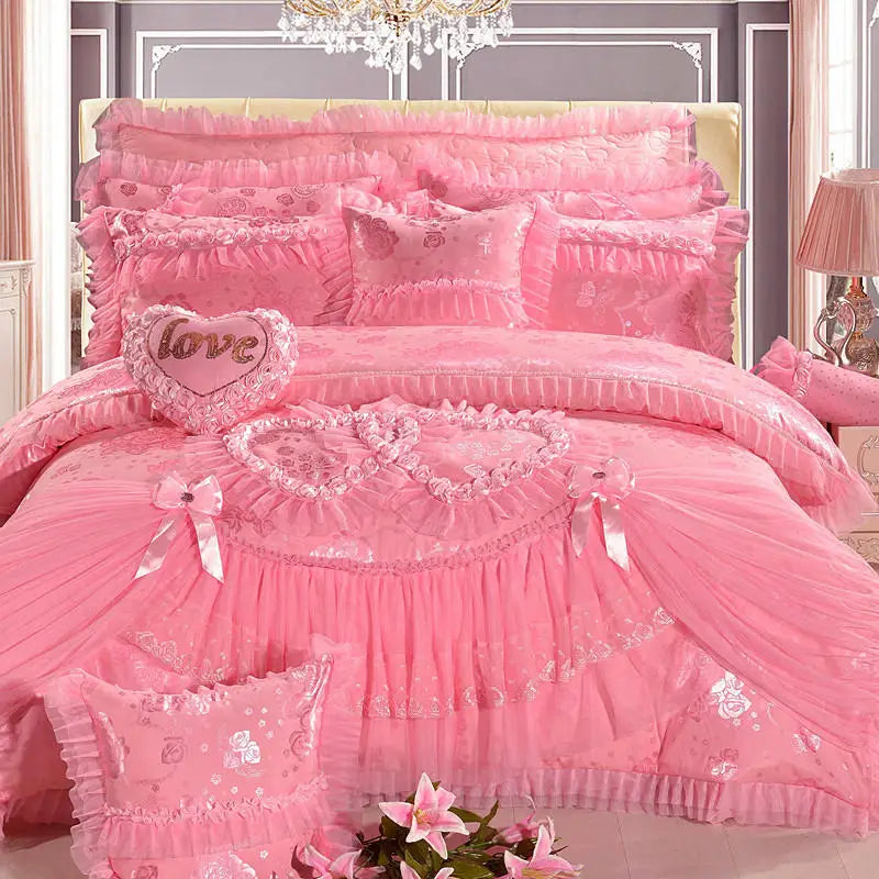 Luxury Wedding Bedding Sets Queen King Size Pink Princess Lace Bedcover Set Jacquard Duvet Cover Bed Sheet Pillowcases