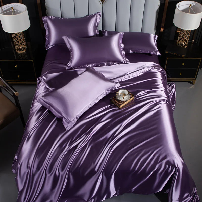 A/B Double-Sided Color Bedding Set Silky Satin Duvet Cover Bed Sheet Pillowcase Luxury Bedsheet King Queen Double Twin Size