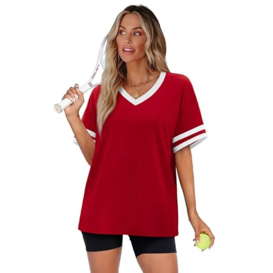Womens T Shirts Loose Fit Short Sleeve Tees V Neck Color Block Summer Tops 26 Fashion S4XL