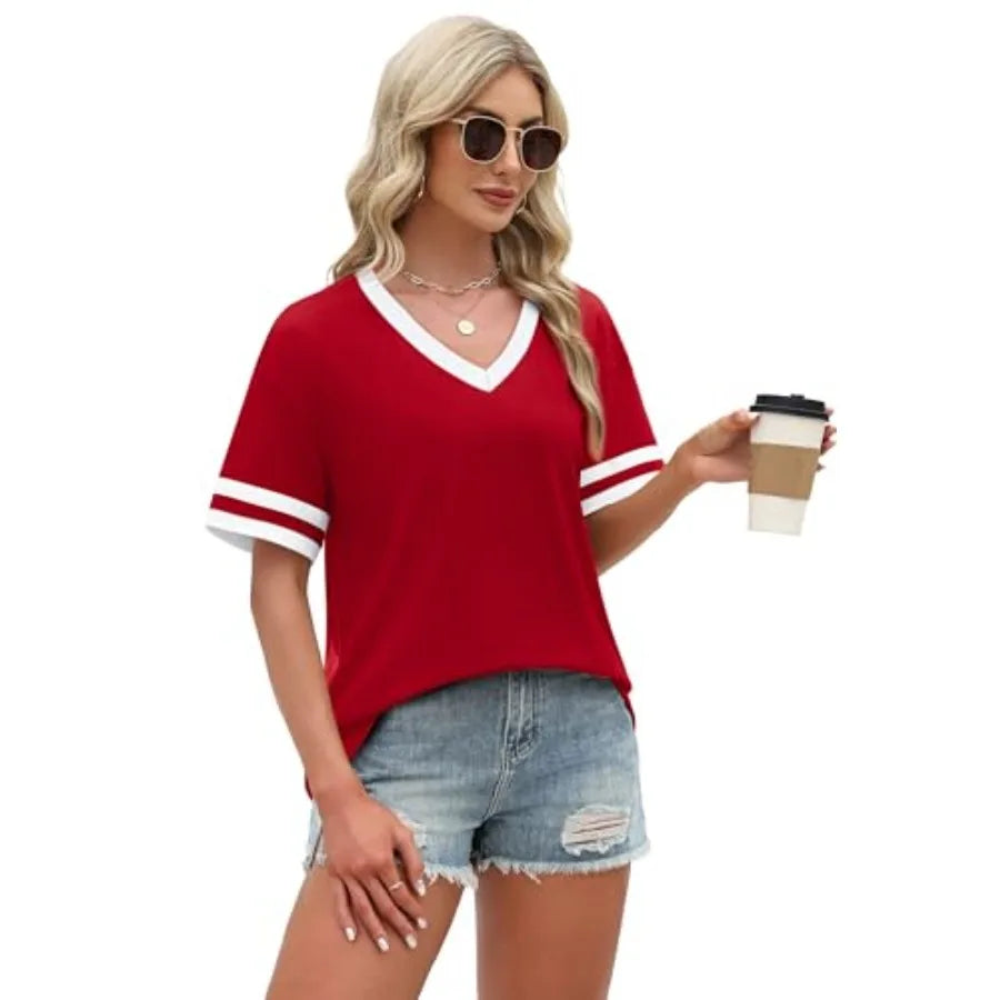 Womens T Shirts Loose Fit Short Sleeve Tees V Neck Color Block Summer Tops 26 Fashion S4XL