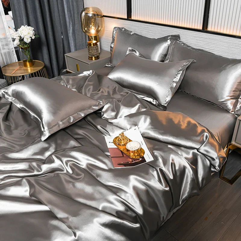 A/B Double-Sided Color Bedding Set Silky Satin Duvet Cover Bed Sheet Pillowcase Luxury Bedsheet King Queen Double Twin Size