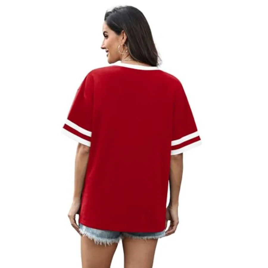 Womens T Shirts Loose Fit Short Sleeve Tees V Neck Color Block Summer Tops 26 Fashion S4XL