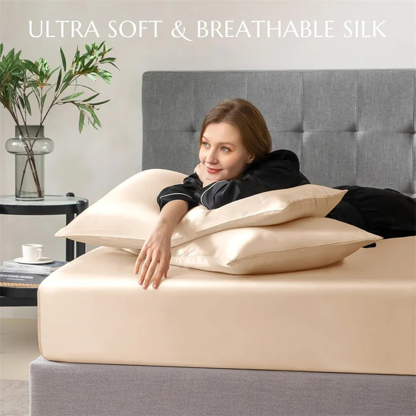 3pcs Set 100% Mulberry Silk Bed Sheet Set with 1pc Fitted Sheet and 2pcs Pillowcase Mattress Cover for Double King Queen Size