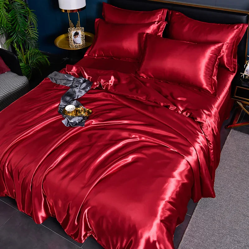 A/B Double-Sided Color Bedding Set Silky Satin Duvet Cover Bed Sheet Pillowcase Luxury Bedsheet King Queen Double Twin Size