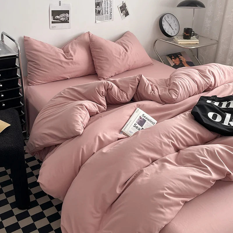 Washed Cotton Bed Linen Bedding Set 4 Pieces Bed Sheets Set Solid Color Comforter Cover Couple Queen King Size Bed Quilt Cover