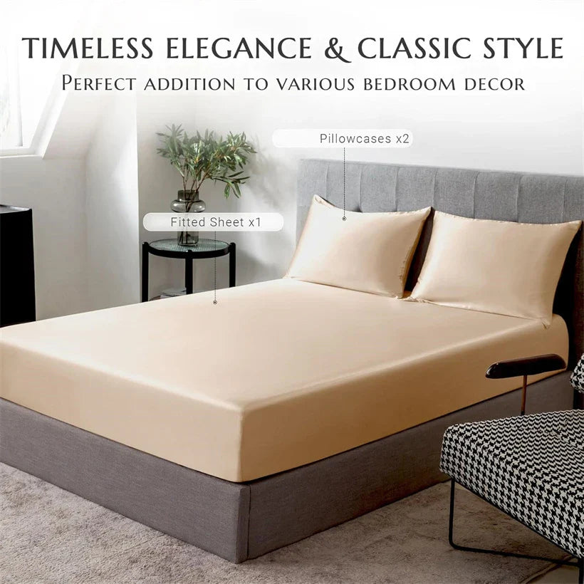 3pcs Set 100% Mulberry Silk Bed Sheet Set with 1pc Fitted Sheet and 2pcs Pillowcase Mattress Cover for Double King Queen Size