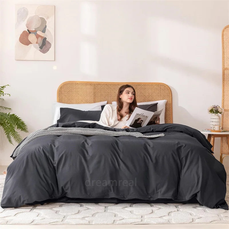 Washed Cotton Bed Linen Bedding Set 4 Pieces Bed Sheets Set Solid Color Comforter Cover Couple Queen King Size Bed Quilt Cover