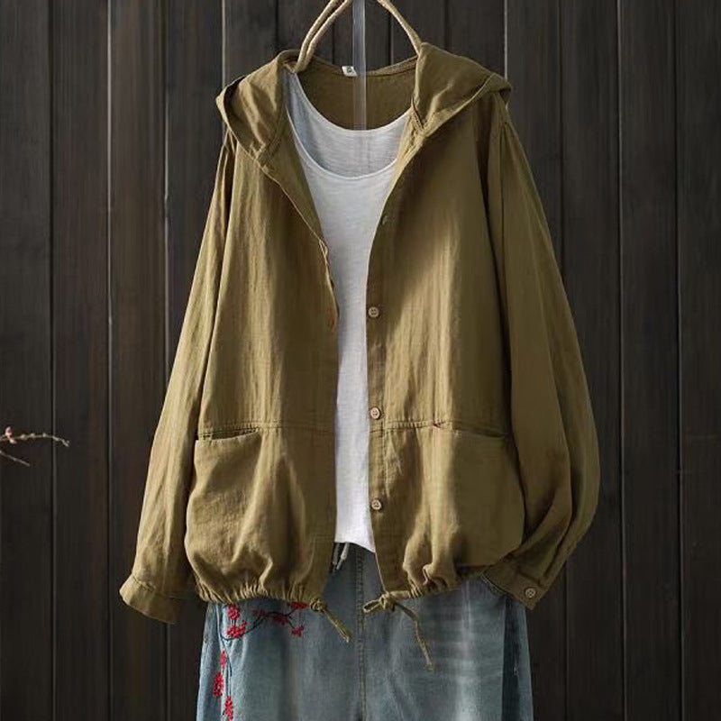 Women's Loose-Fit Hooded Button-Down Top with Drawstring Hem
