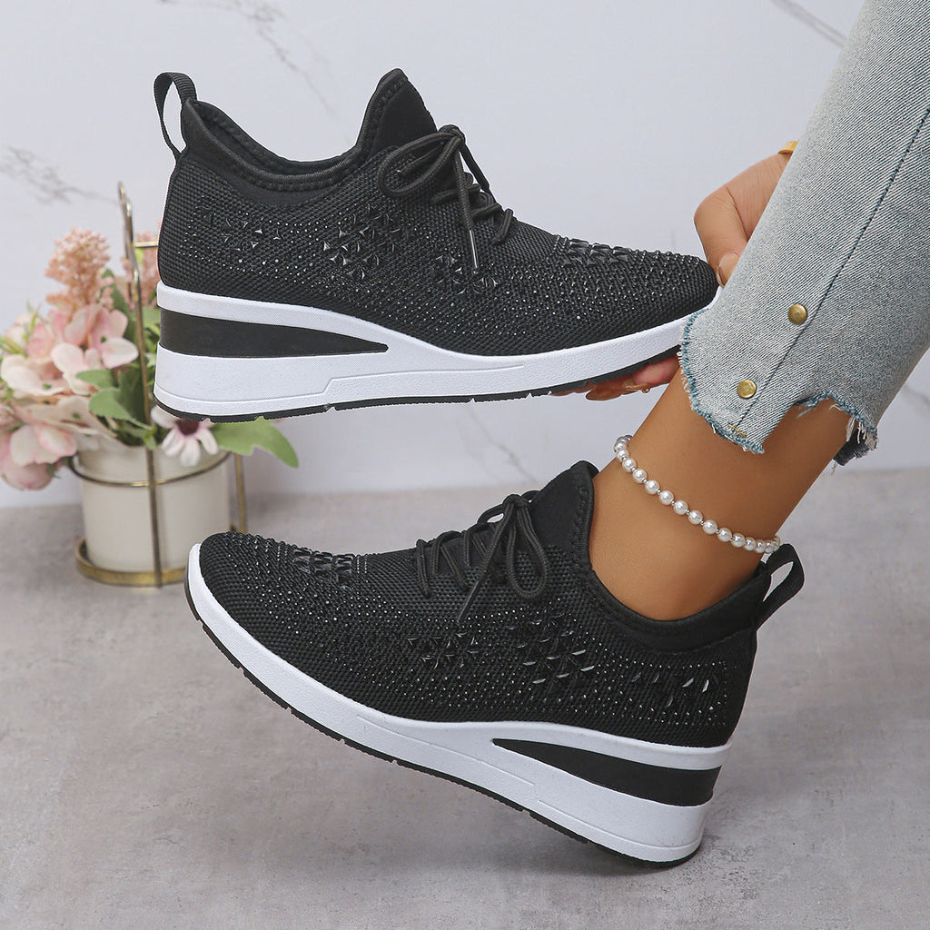 Ins Rhinestone Sneakers Fashion Lace Up Wedges Casual Shoes Women's Daily Commuting Sports Shoes See size chart under “more details”