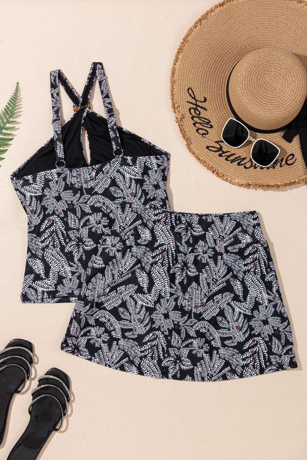 Abstract Buckle Tankini Top & Skirted Swim Set