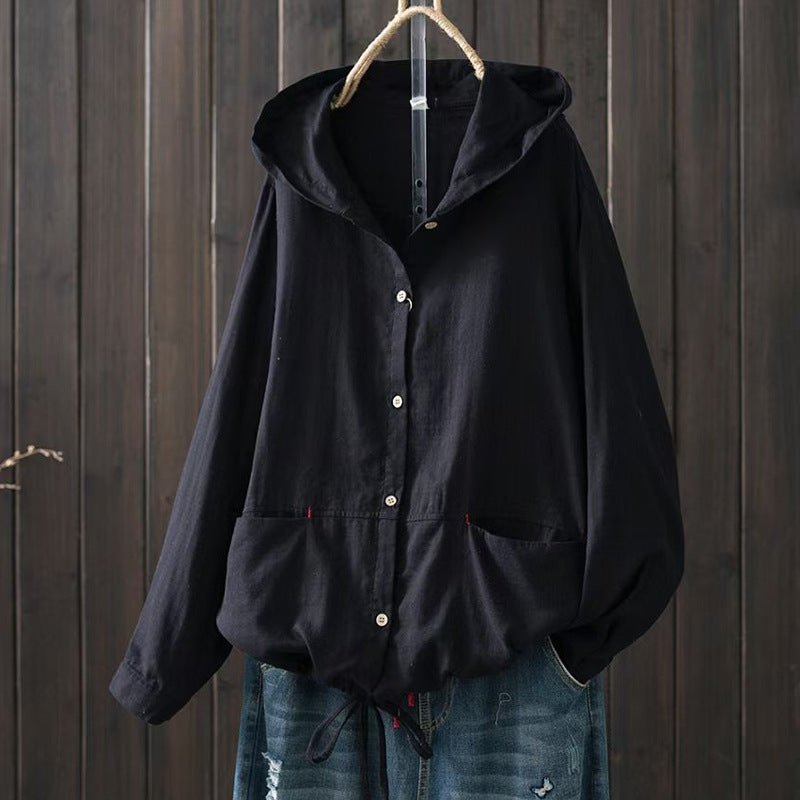 Women's Loose-Fit Hooded Button-Down Top with Drawstring Hem