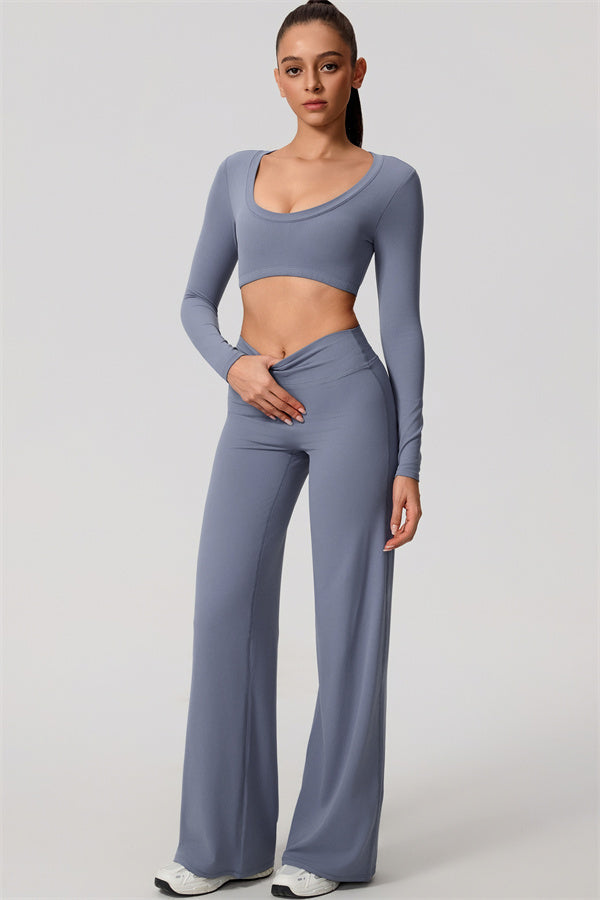 The Nestle Long Sleeve Crop Top Straight Leg Pants 2-Piece Set